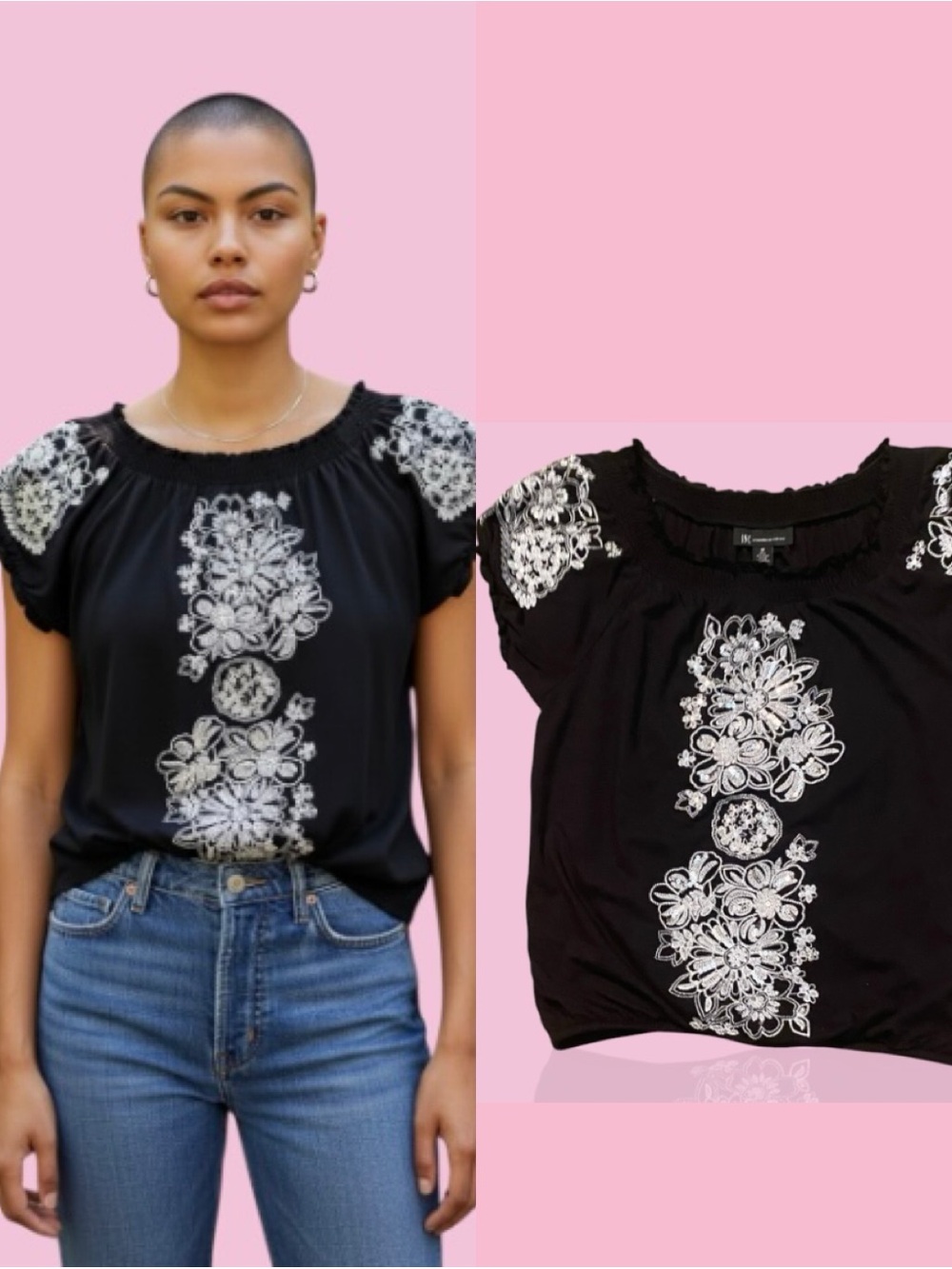 INC International Concepts Black Short-Sleeve Embroidered Peasant Blouse